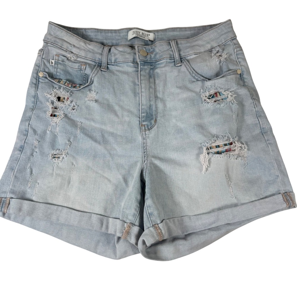 Judy Blue Distressed Aztec Jean Shorts Womens 1XL Light Wash Denim Western‎ Boho